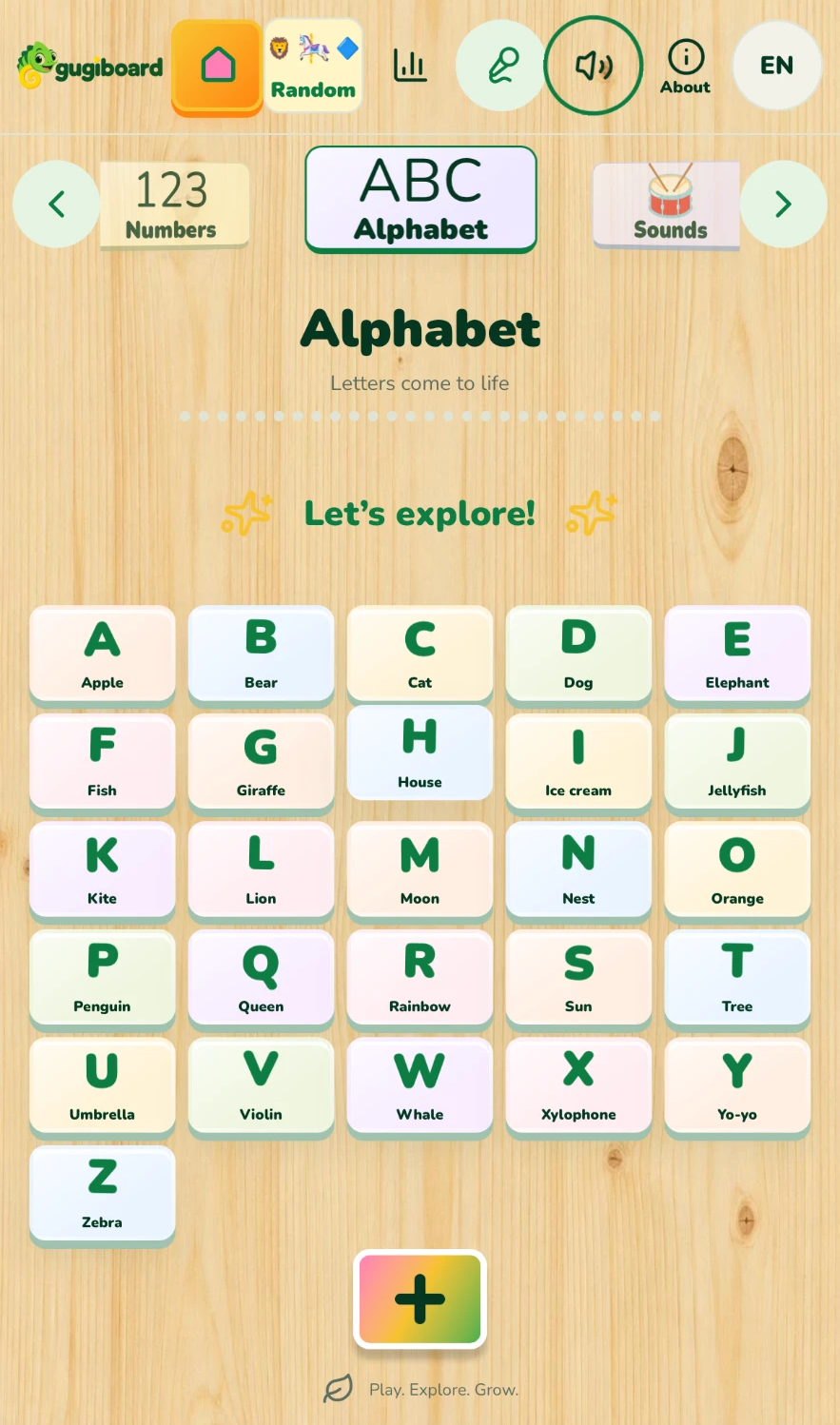 El tablero del abecedario de gugiboard con una letra y palabra en cada ficha