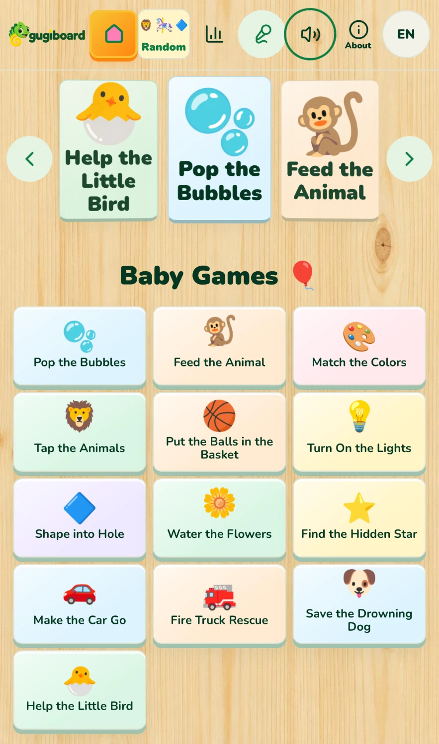 El menú de Baby Games de gugiboard con juegos sencillos