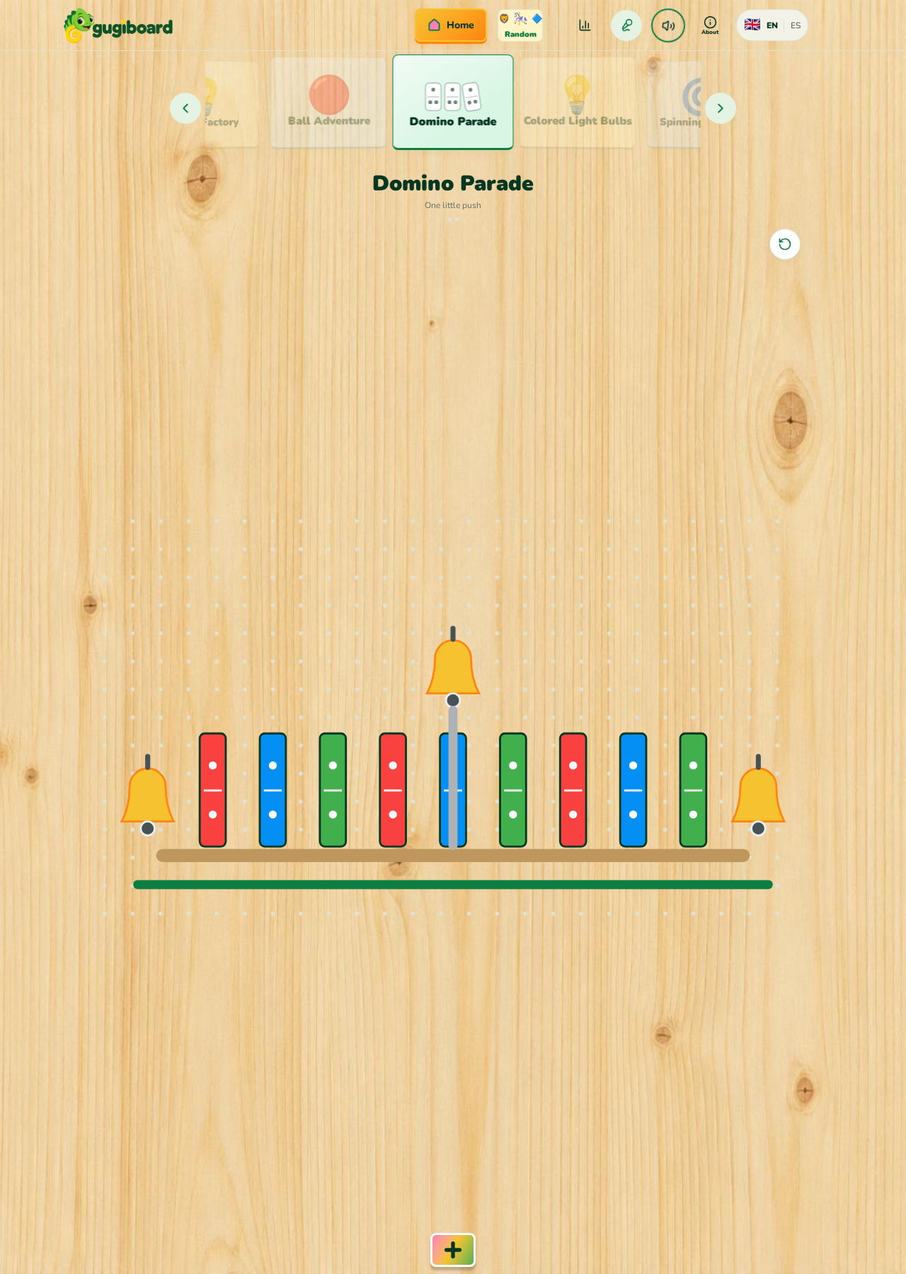 gugiboard’s Domino Parade screen showing a row of standing dominoes and bells