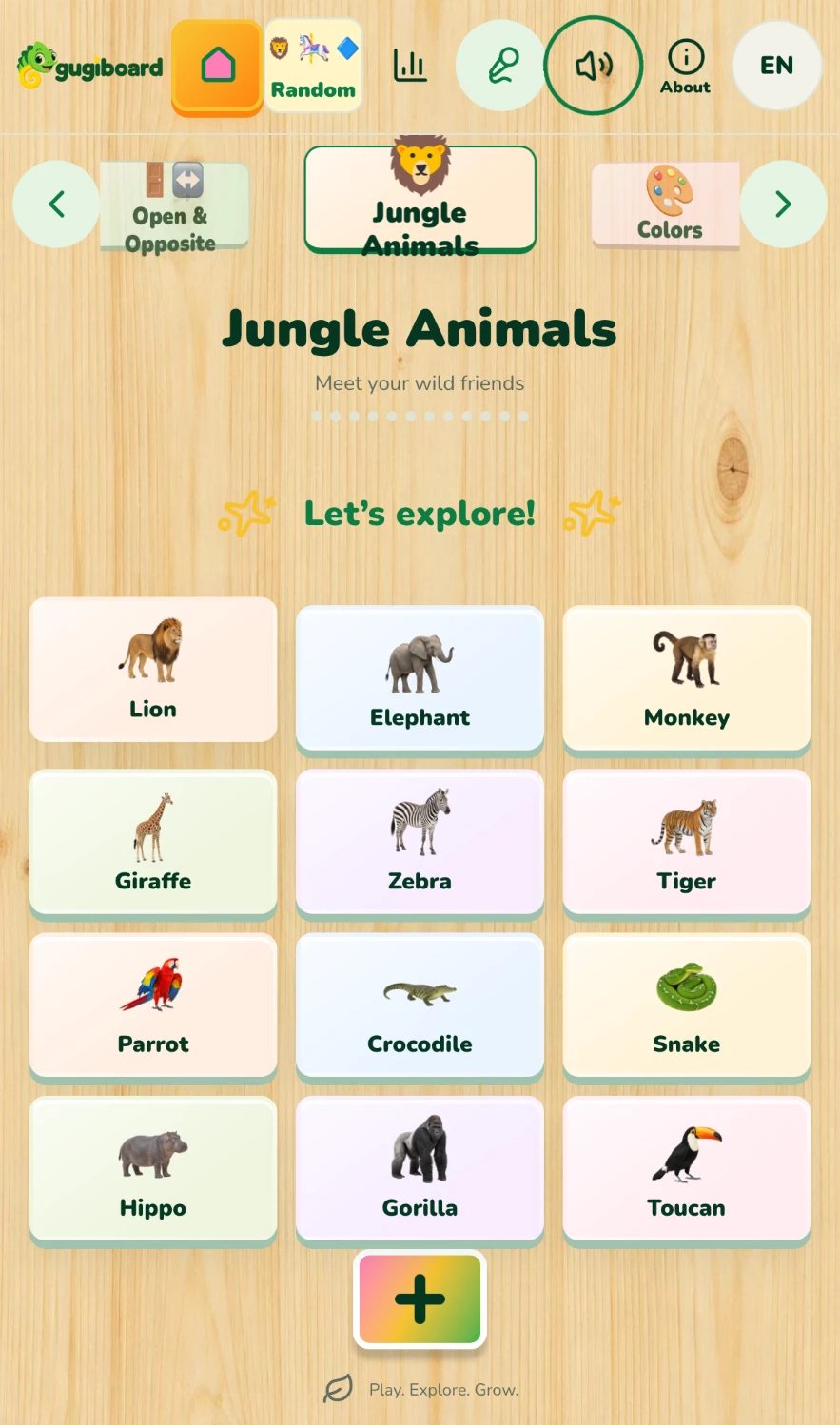 Tablero de animales de la selva con león, elefante, mono, jirafa y más