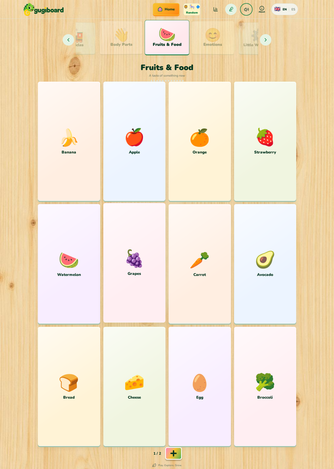 El tablero Frutas y comida de gugiboard con doce alimentos ilustrados