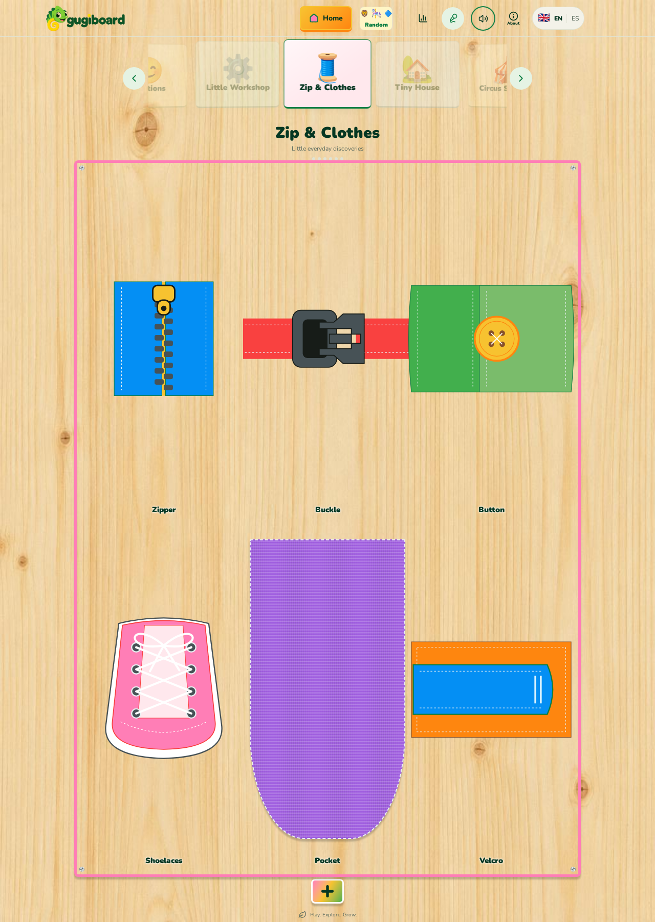 The actual Zip & Clothes board in gugiboard, showing six colorful fasteners